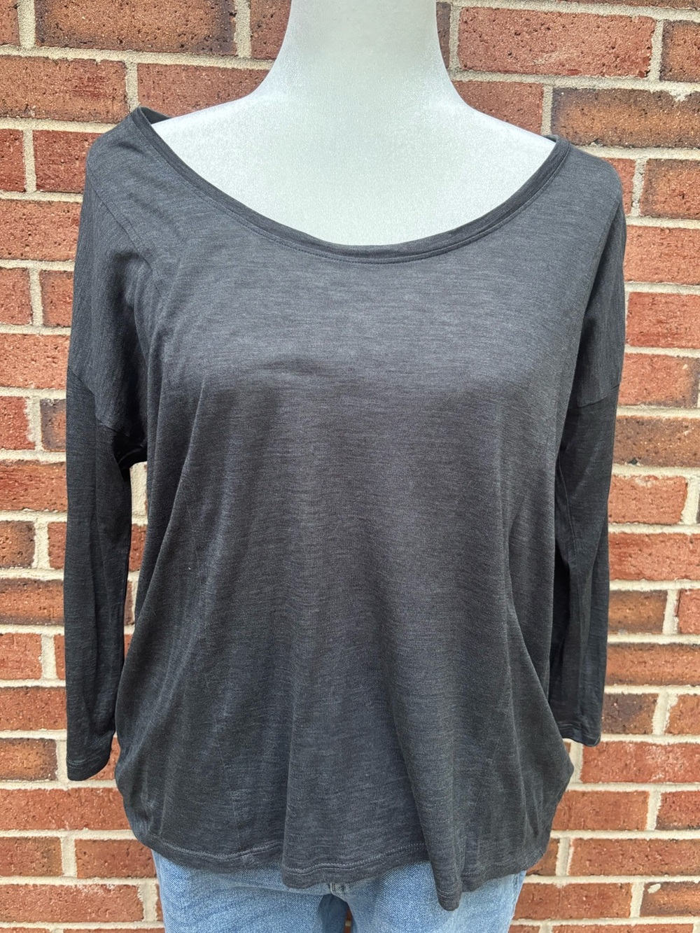 Eileen Fisher Silk Cotton Blend Scoop Neck 3/4 Sleeve Knit Top Gray Size Small